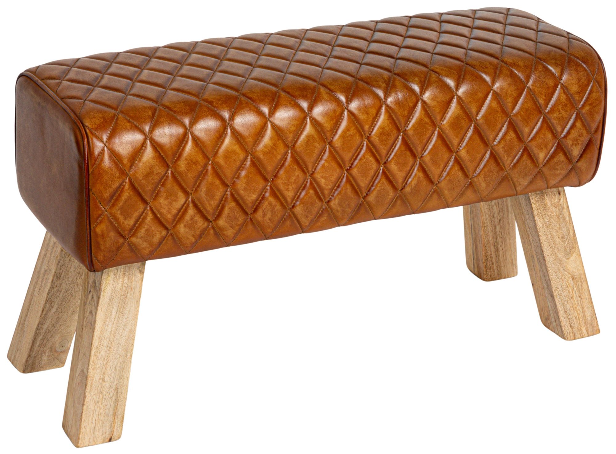 Image 2 Stitched Leather and Wood Bench, Camel and Natural