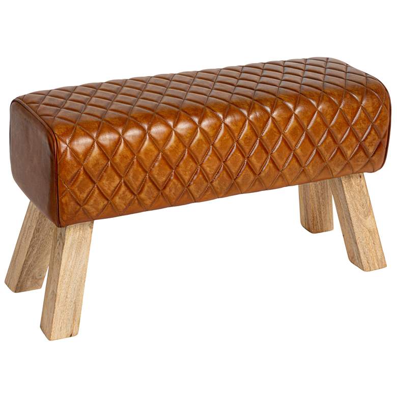 Image 2 Stitched Leather and Wood Bench, Camel and Natural