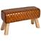 Stitched Leather and Wood Bench, Camel and Natural