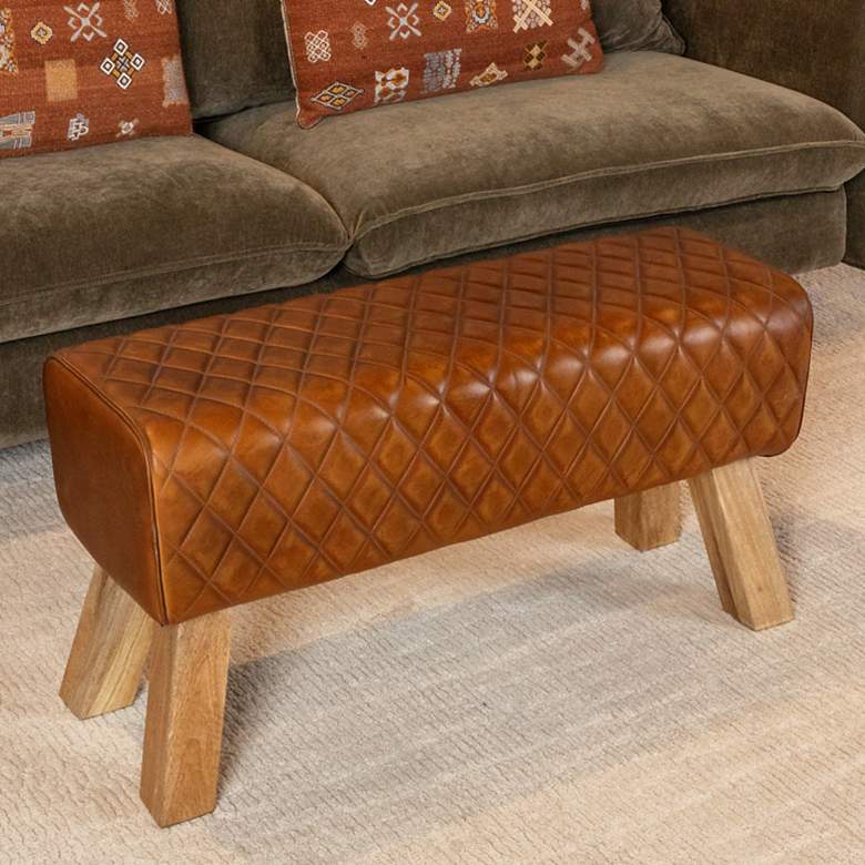 Image 1 Stitched Leather and Wood Bench, Camel and Natural