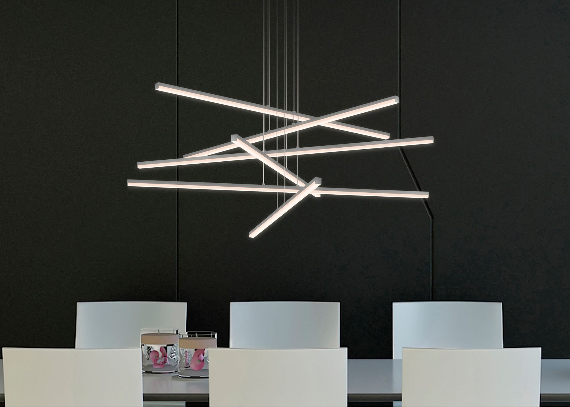 Image 2 Stix 40" WideLED Chandelier 6-Arm Bright Satin Aluminum 240" Cable more views