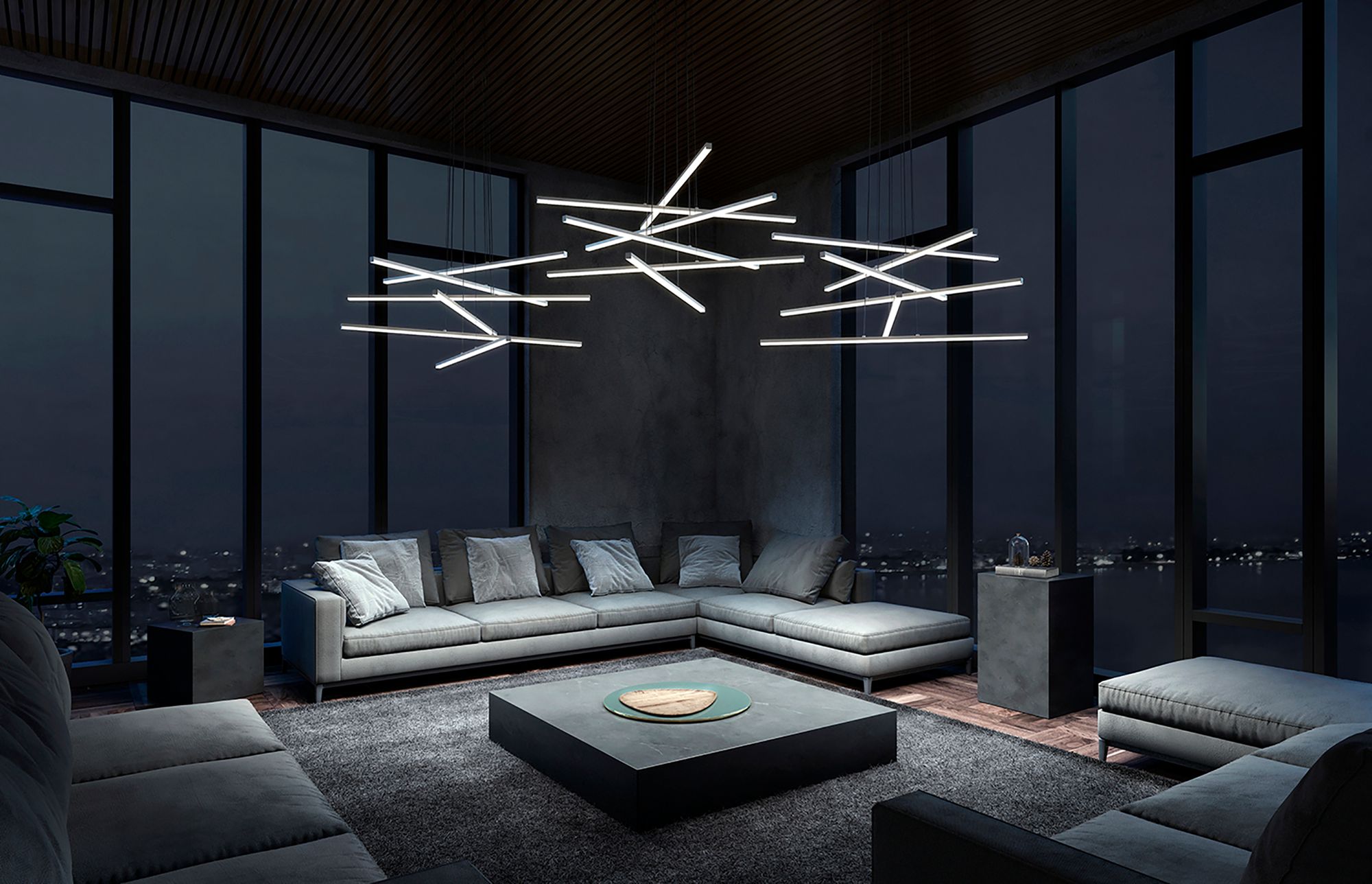 Image 5 Stix 40" WideLED Chandelier 6-Arm Bright Satin Aluminum 240" Cable more views