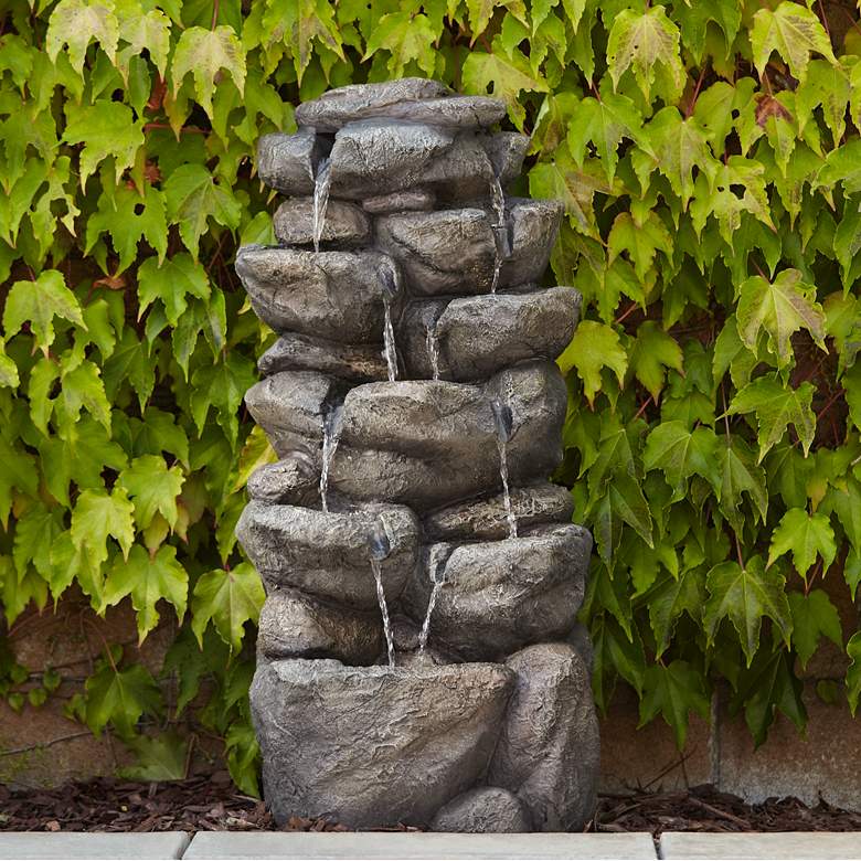 Image 1 Stone Wall 39 inch High Multi-Tier Lighted Garden Water Fountain