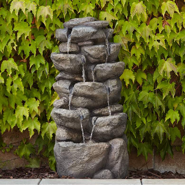Image 1 Stone Wall 39" High Multi-Tier Lighted Garden Water Fountain