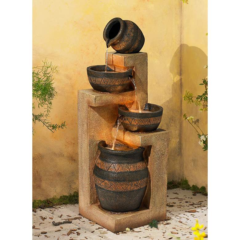 Image 1 Stoneware Bowl and Jar 46 inch Indoor-Outdoor Rustic Fountain with Light