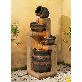 Image1 of Stoneware Bowl and Jar 46" Indoor-Outdoor Rustic Fountain with Light