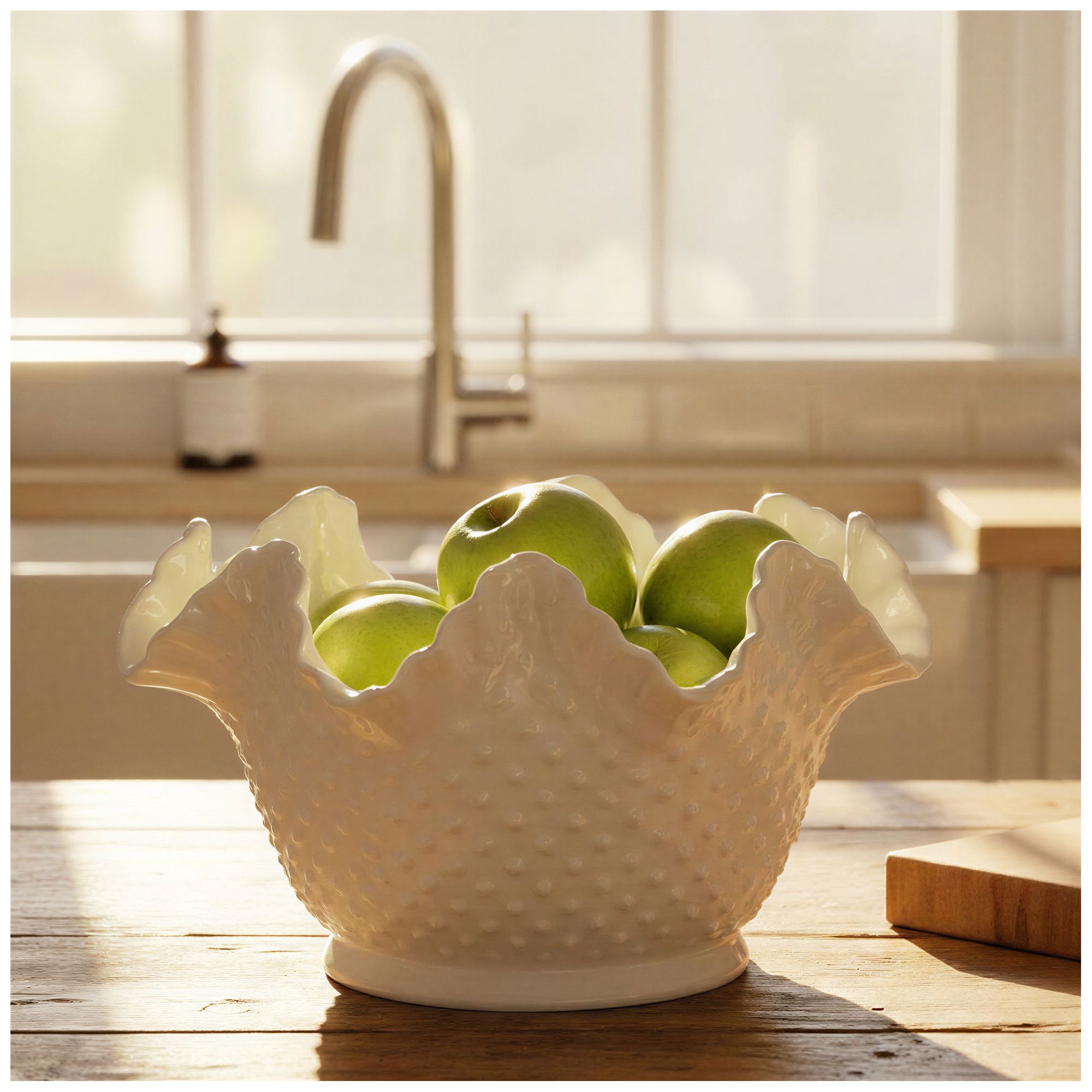 Image 2 Stoneware Ruffled Hobnail Decorative Bowl, White Pearlized Glaze more views