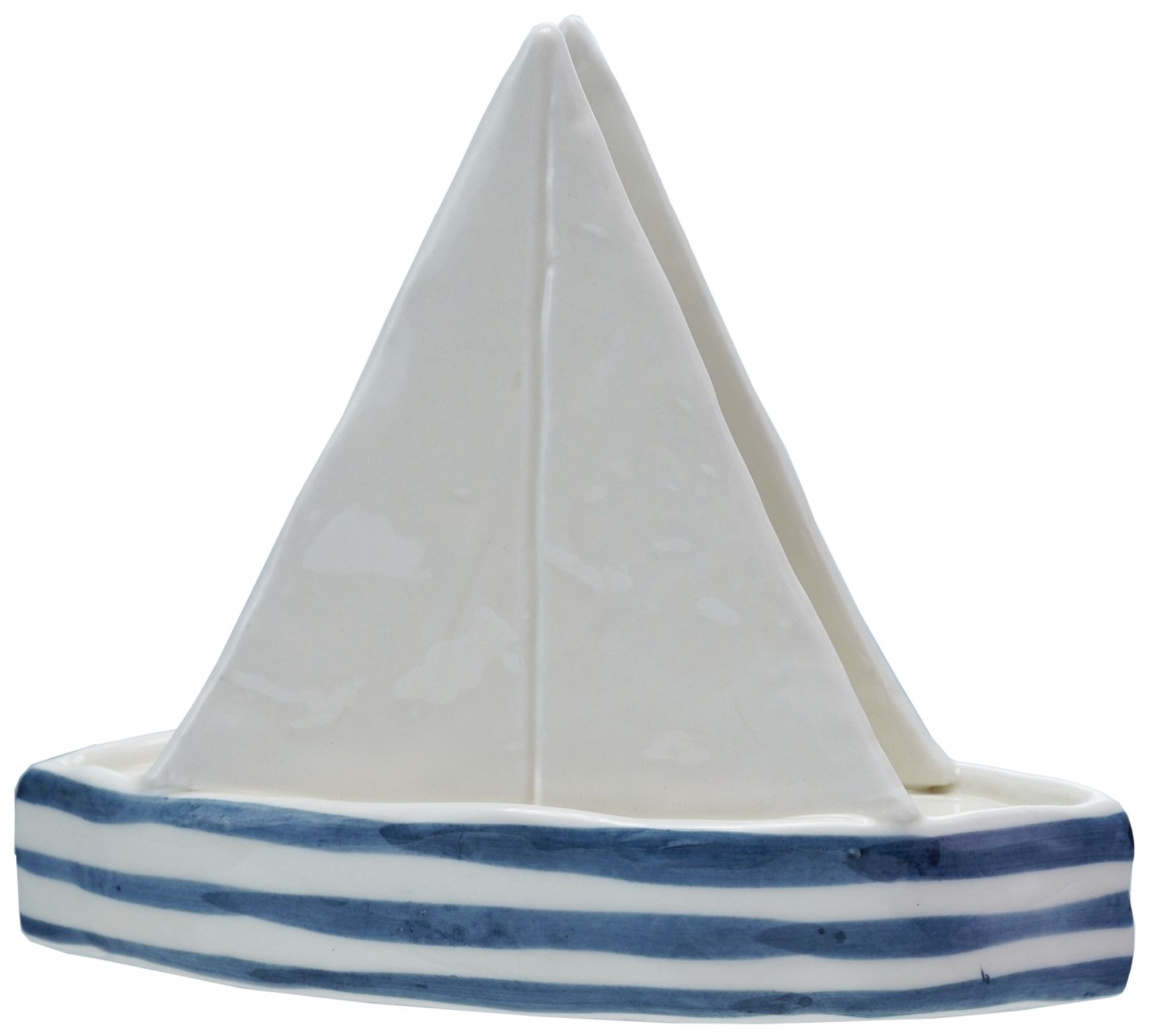 Image 2 Stoneware Sailboat Shaped Napkin Holder with Stripes, Blue and White more views