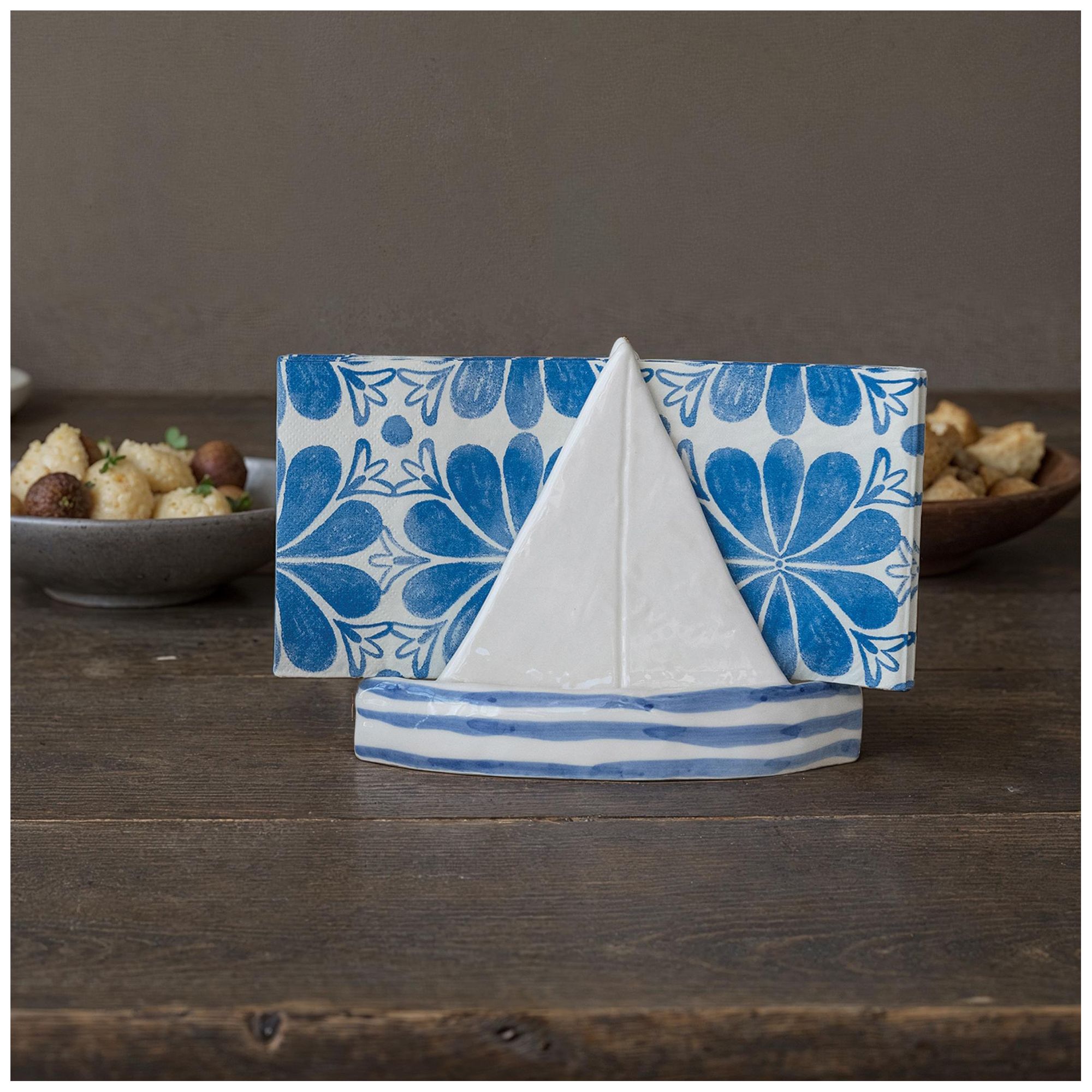 Image 4 Stoneware Sailboat Shaped Napkin Holder with Stripes, Blue and White more views