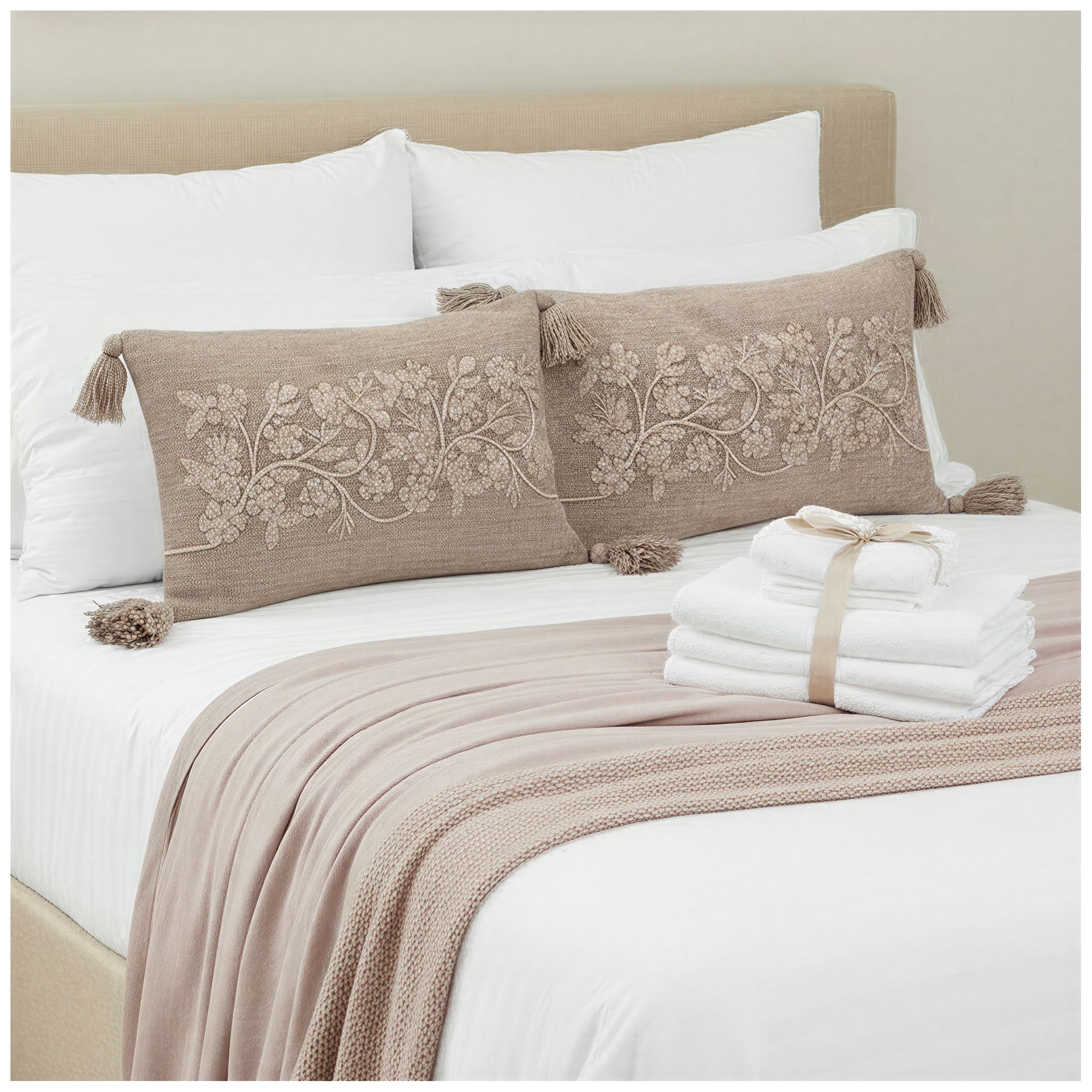 Image 2 Stonewashed Cotton Slub Lumbar Pillow with Embroidered Flowers and Tassels more views