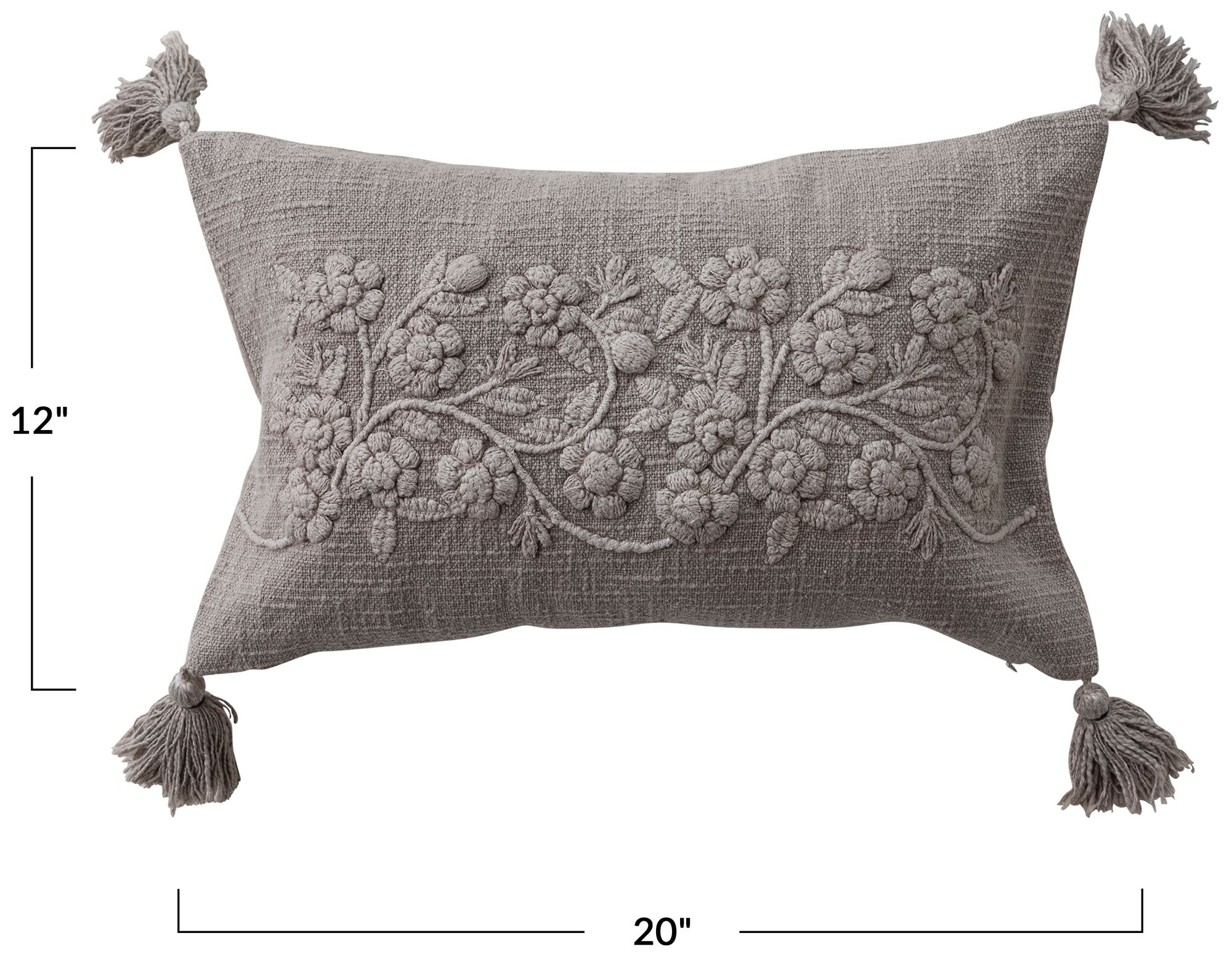Image 3 Stonewashed Cotton Slub Lumbar Pillow with Embroidered Flowers and Tassels more views