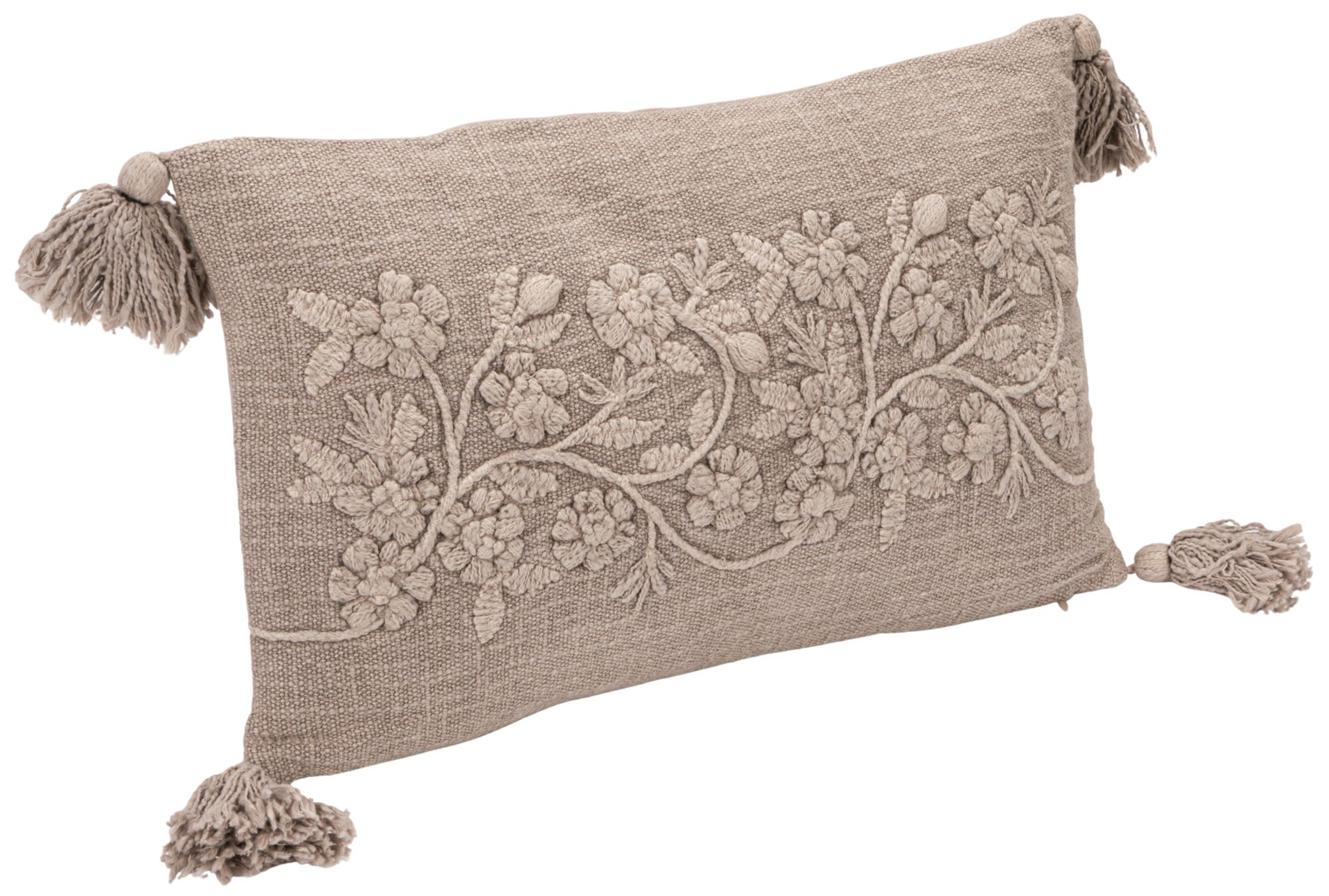 Image 5 Stonewashed Cotton Slub Lumbar Pillow with Embroidered Flowers and Tassels more views