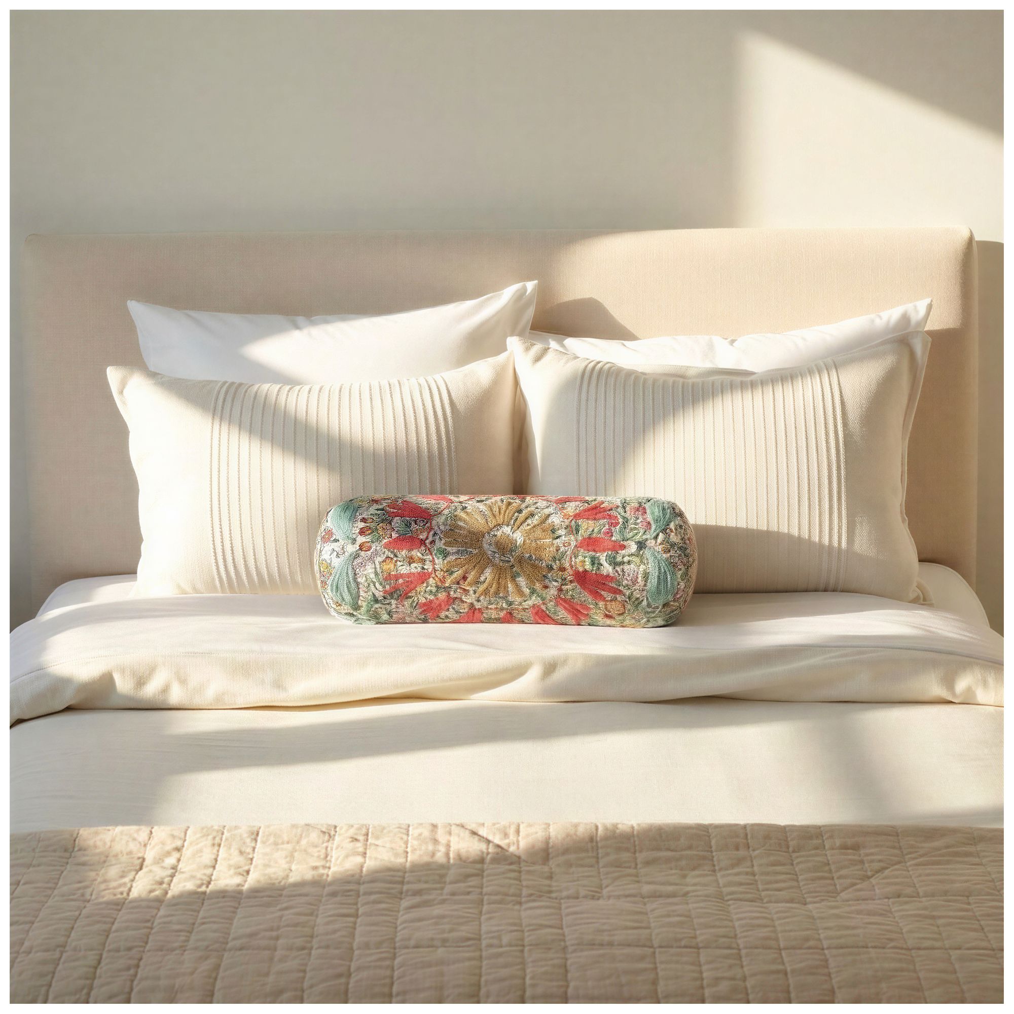 Image 2 Stonewashed Cotton Voile Bolster Pillow with Suzani Pattern more views