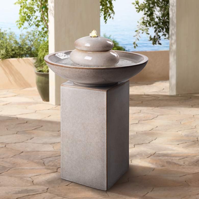 Image 1 Stonewell 29 inch High Ivory Ceramic LED Outdoor Floor Fountain