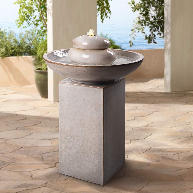 Image 1 Stonewell 29" High Ivory Ceramic LED Outdoor Floor Fountain