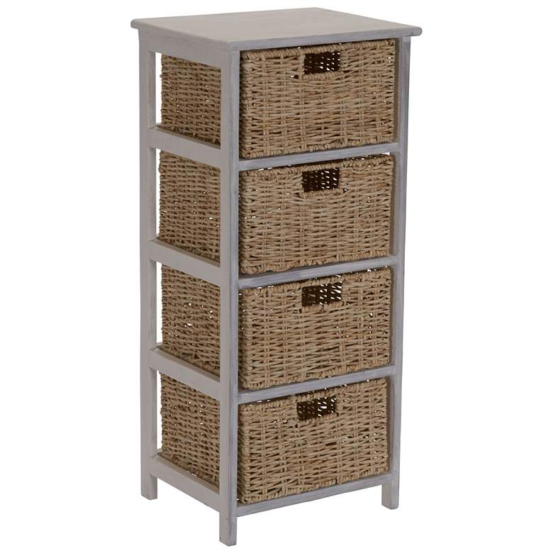 Image 2 Storage Chest of 4 Drawers White Solid Wood and Natural Wicker Baskets