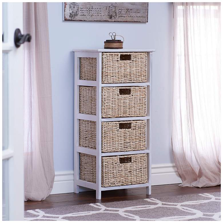 Image 1 Storage Chest of 4 Drawers White Solid Wood and Natural Wicker Baskets