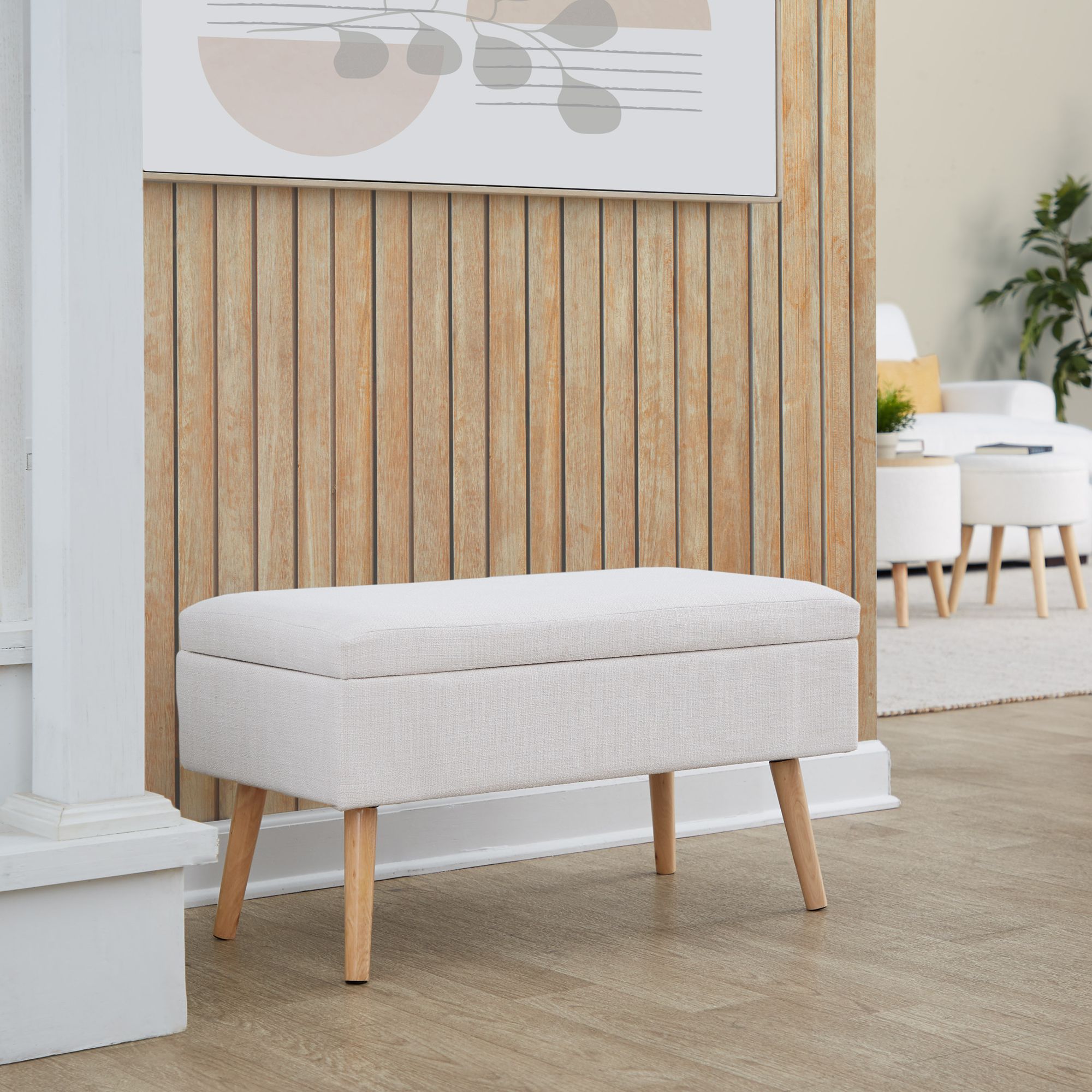 Storage Contemporary Bench in Natural Wood and Beige Fabric by LumiSource
