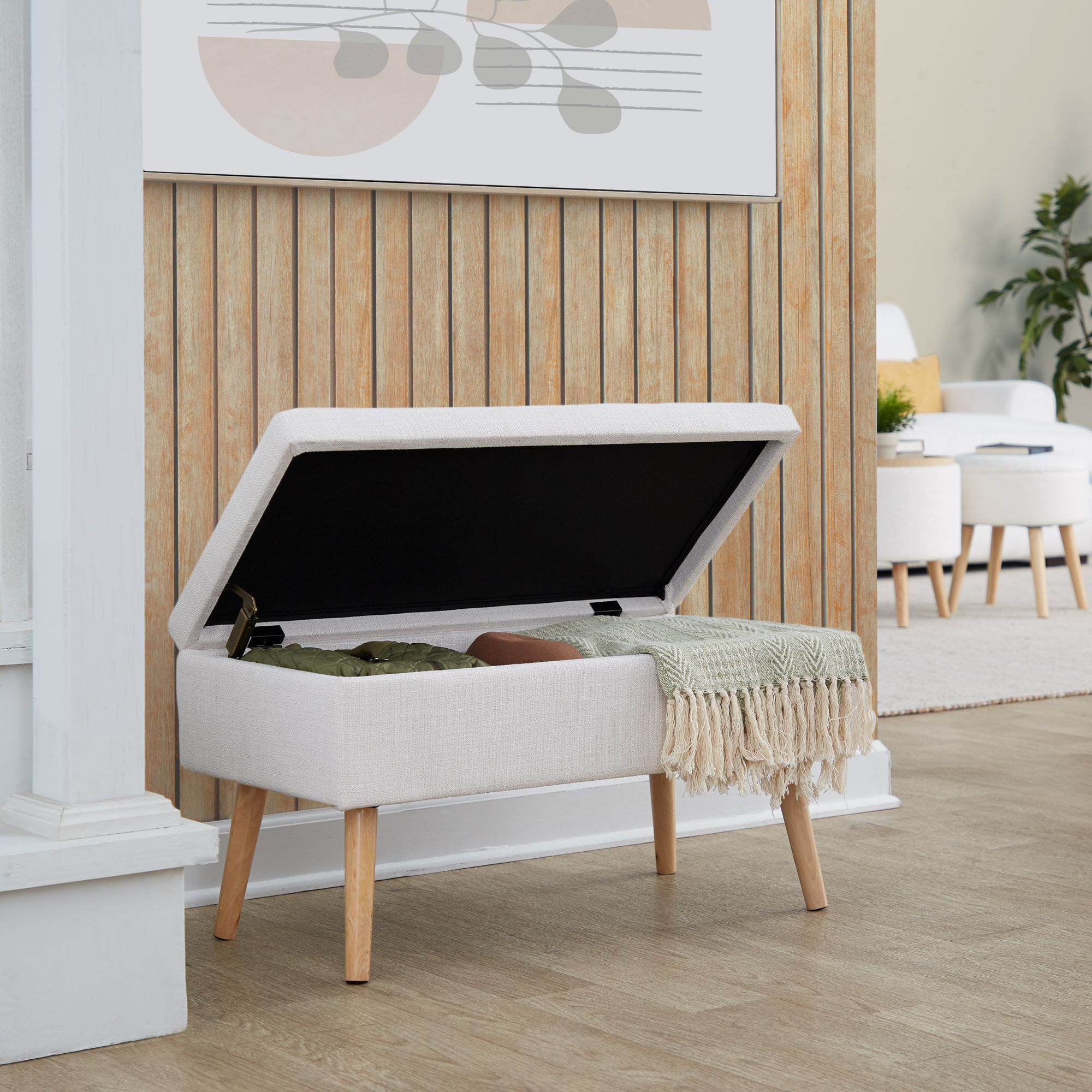 Storage Contemporary Bench in Natural Wood and Beige Fabric by LumiSource