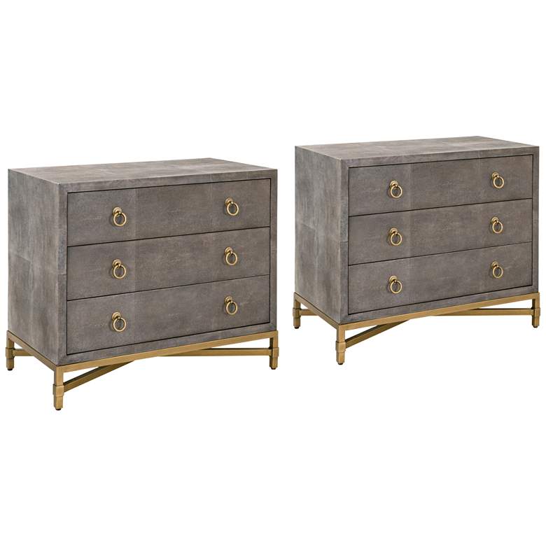 Image 1 Strand 35" Wide Gray Faux Shagreen 3-Drawer Nightstands Seet of 2