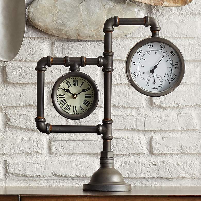 Image 1 Strauss 17 1/4" High Industrial Table Clock with Thermometer