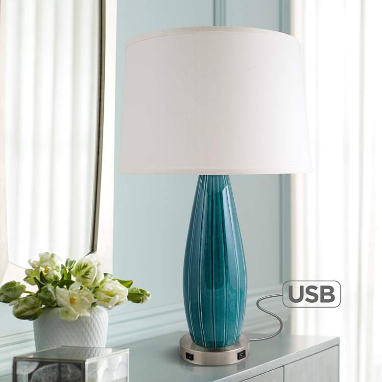 Image 1 Stream Line 27 1/2" Turquoise Blue Ceramic Table Lamp with USB