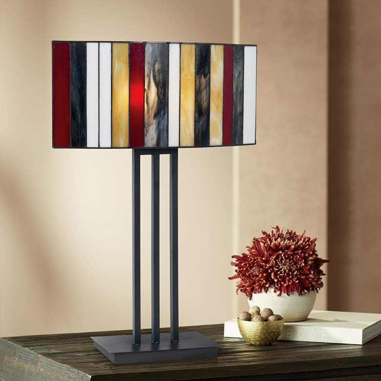 Image 1 Striped Art Glass Iron Base Tiffany-Style Table Lamp