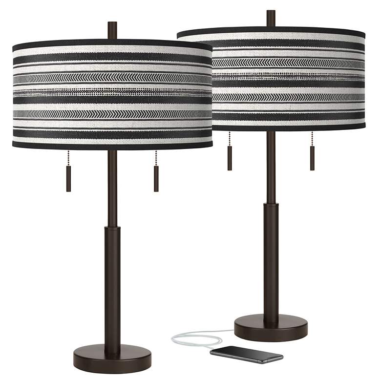Image 1 Stripes Noir Robbie Bronze USB Table Lamps Set of 2