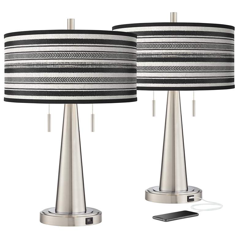 Image 2 Stripes Noir Vicki Brushed Nickel USB Table Lamps Set of 2