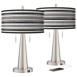 Stripes Noir Vicki Brushed Nickel USB Table Lamps Set of 2