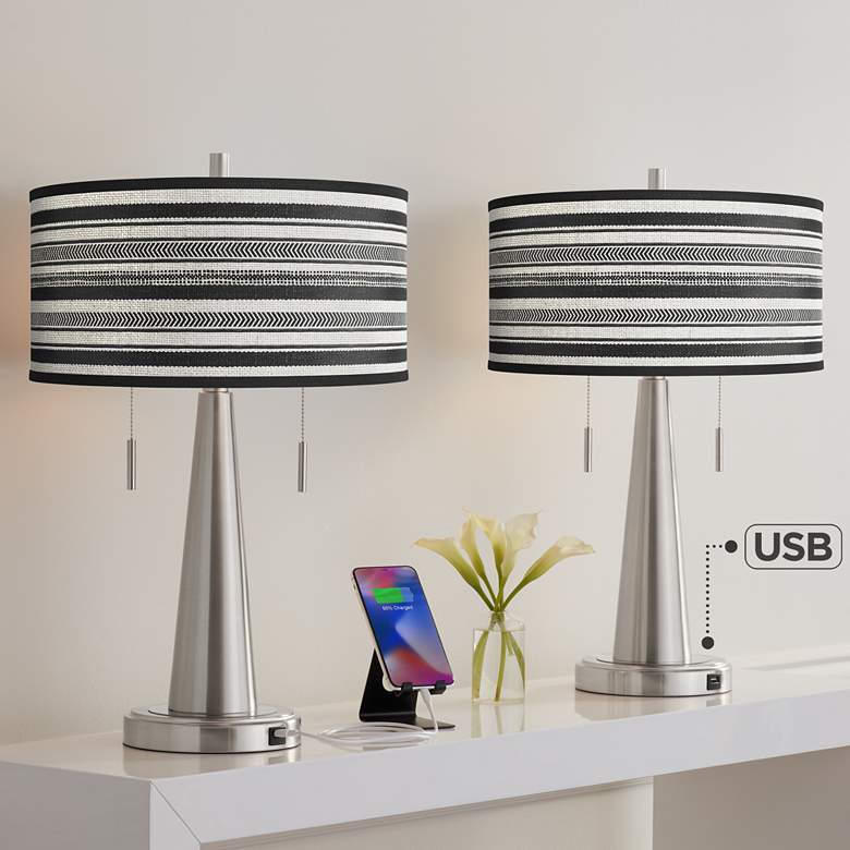 Image 1 Stripes Noir Vicki Brushed Nickel USB Table Lamps Set of 2