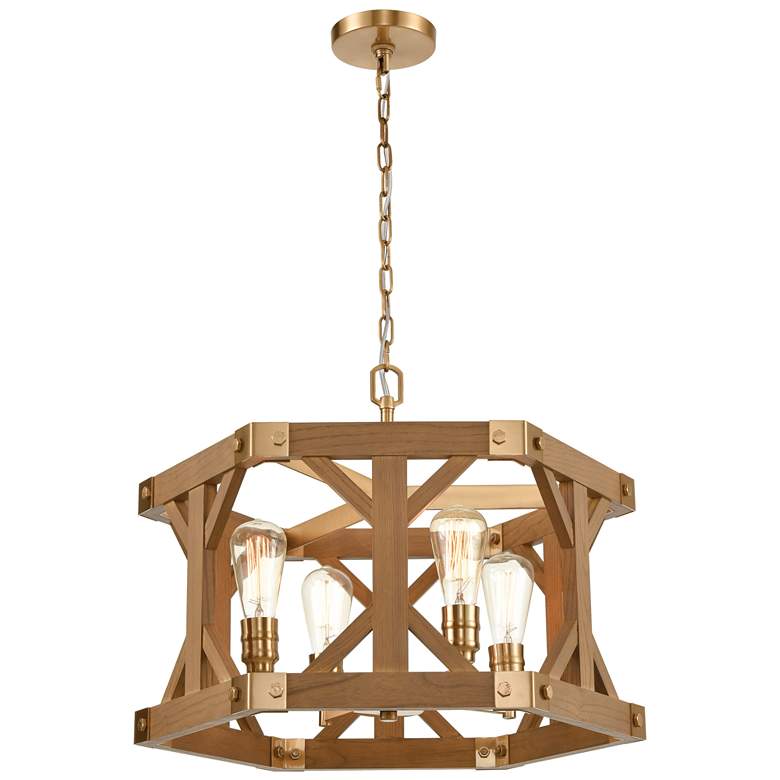 Image 1 Structure 23"W Satin Brass and Medium Oak 4-Light Chandelier