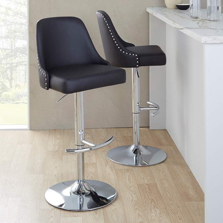 Image 1 Studded Marcel Barstool Chrome Metal Black PU by LumiSource Pair