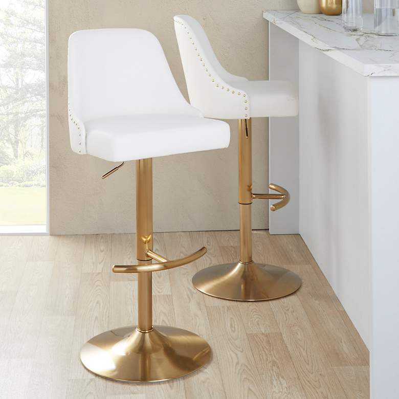 Image 1 Studded Marcel Barstool Gold Metal White PU by LumiSource Pair