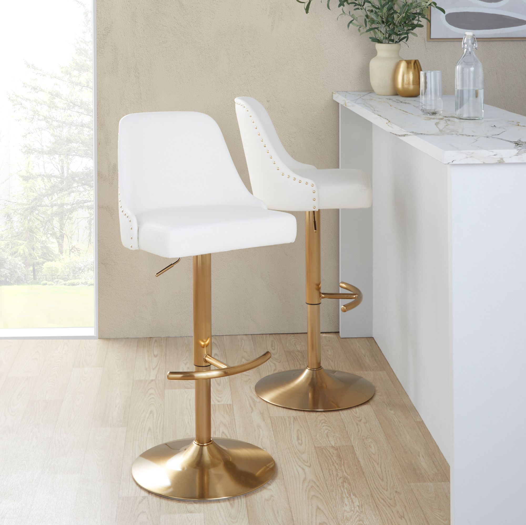 Studded Marcel Barstool Gold Metal White PU by LumiSource Pair