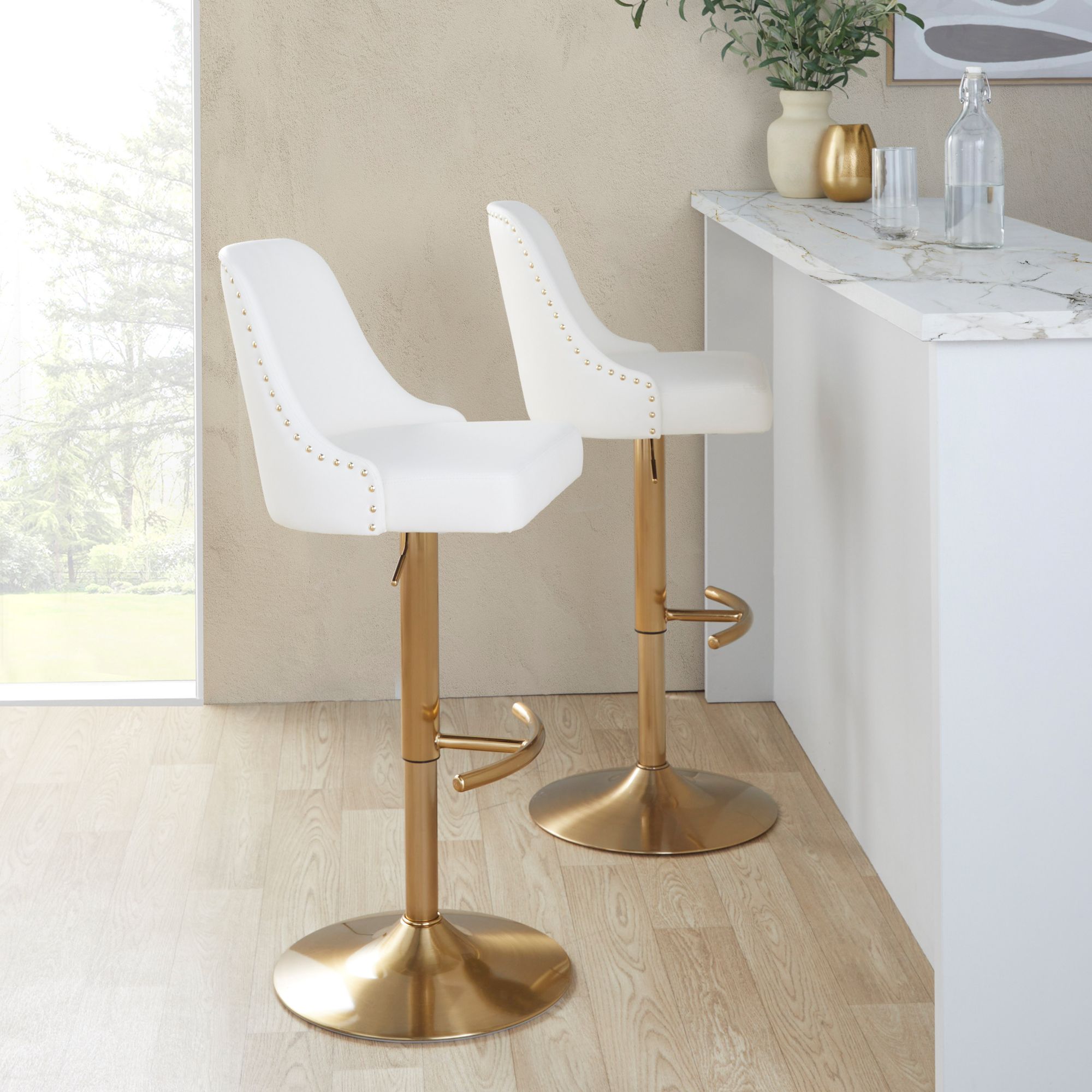 Studded Marcel Barstool Gold Metal White PU by LumiSource Pair