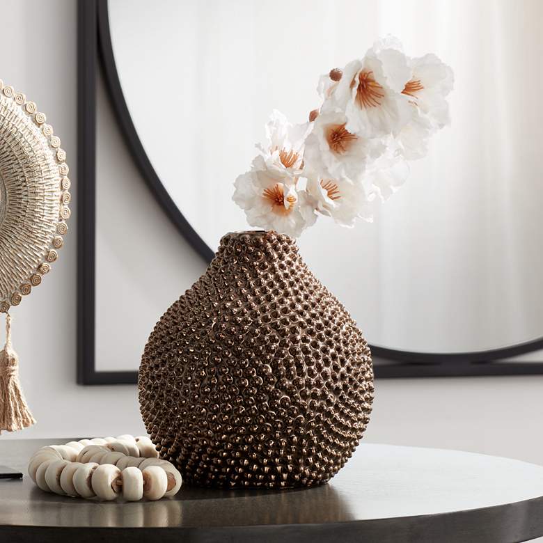 Image 1 Studio 55D 8" High Glossy Brass Textured Ceramic Vase