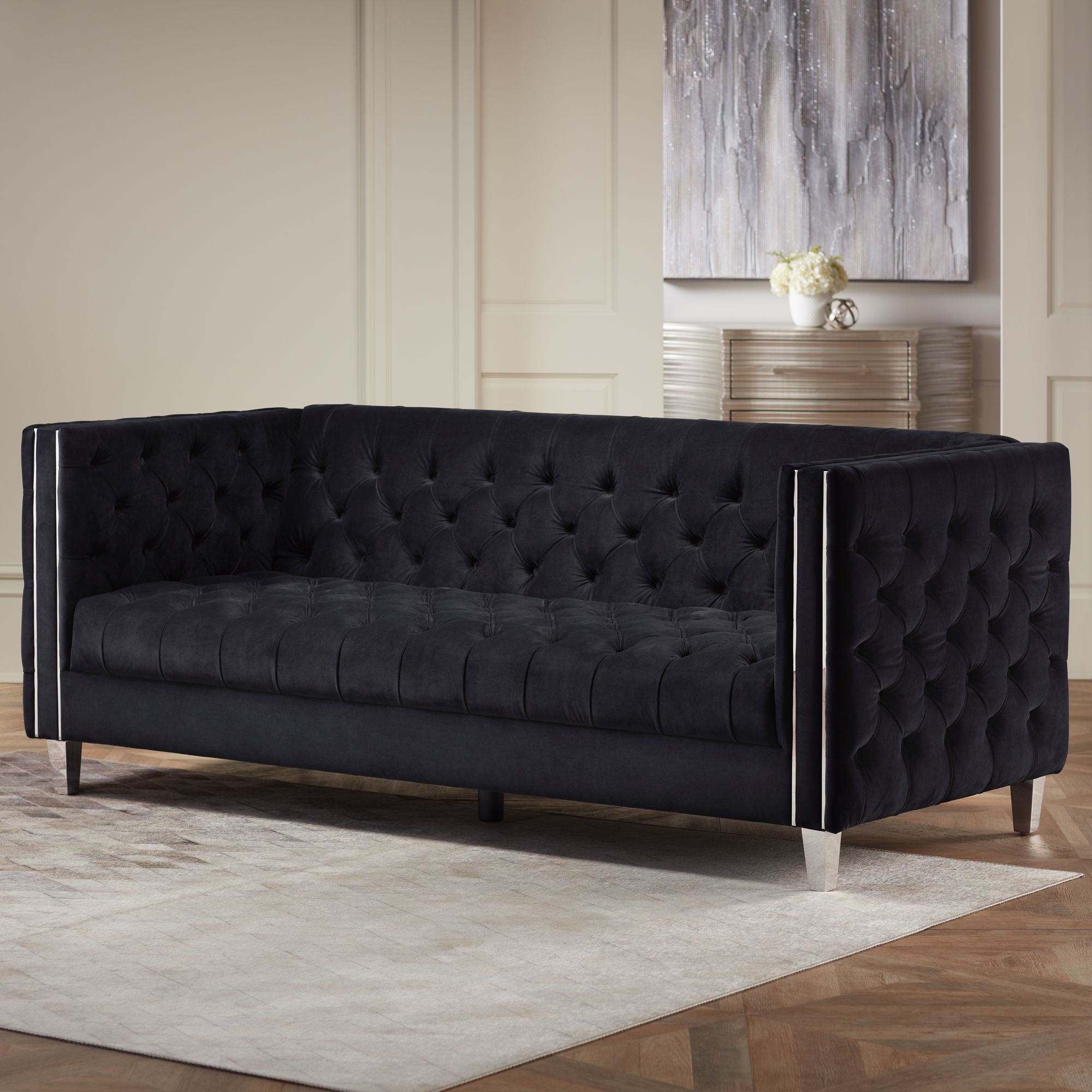 Studio 55D City 88 1/2" Wide Modern Black Velvet Tufted Sofa in scene