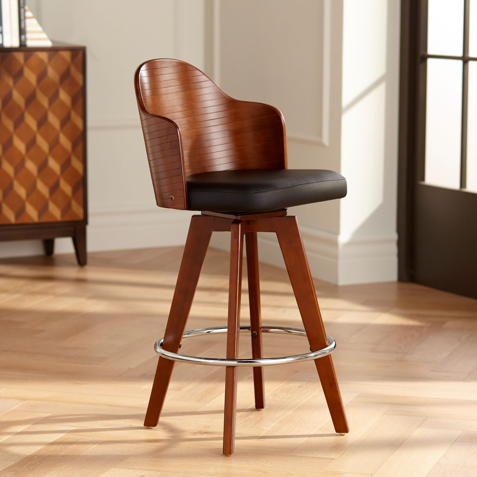 Studio 55D Darnton 26 1/2" Black Faux Leather Swivel Counter Stool