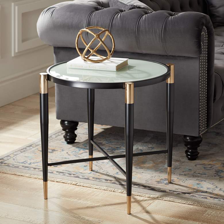 Image 2 Studio 55D Peter 25" Wide Matte Black and Gold Classic Glass End Table