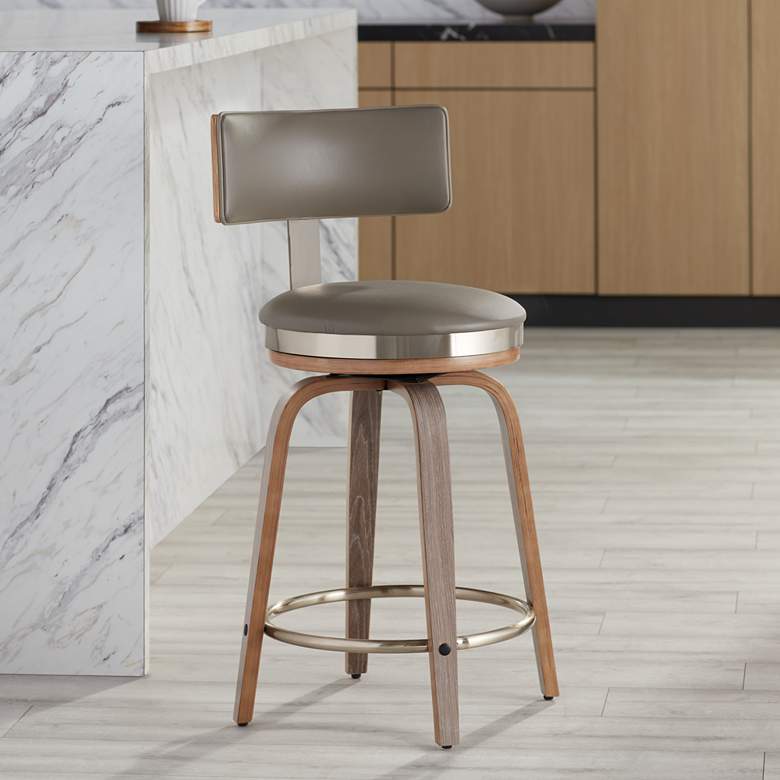 Image 2 Studio 55D Tilden 26" Wood and Gray Leather Swivel Seat Counter Stool