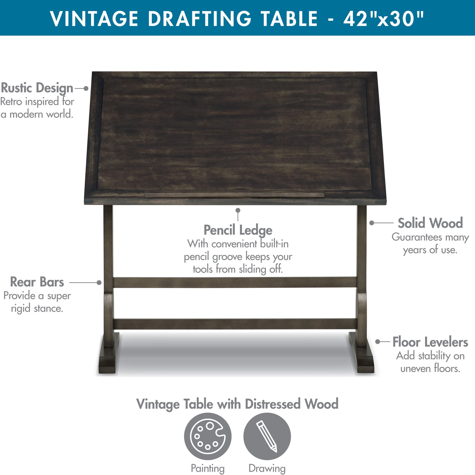 Image 3 Studio Designs Vintage Wood Desk with 42" x 30" Adjustable Top-Black more views