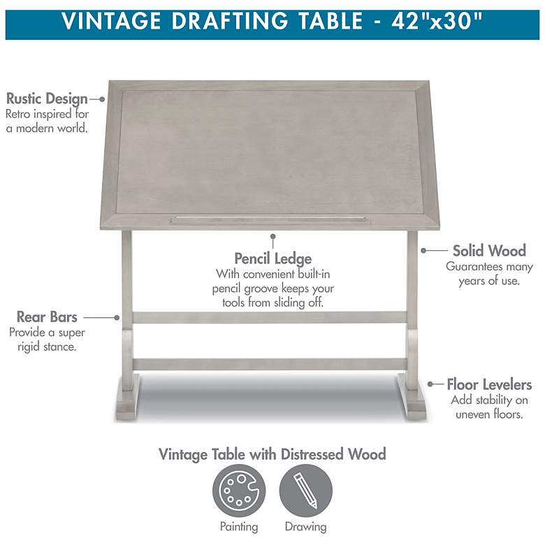 Image 5 Studio Designs Vintage Wood Table with 42" x 30" Adjustable Top-White more views