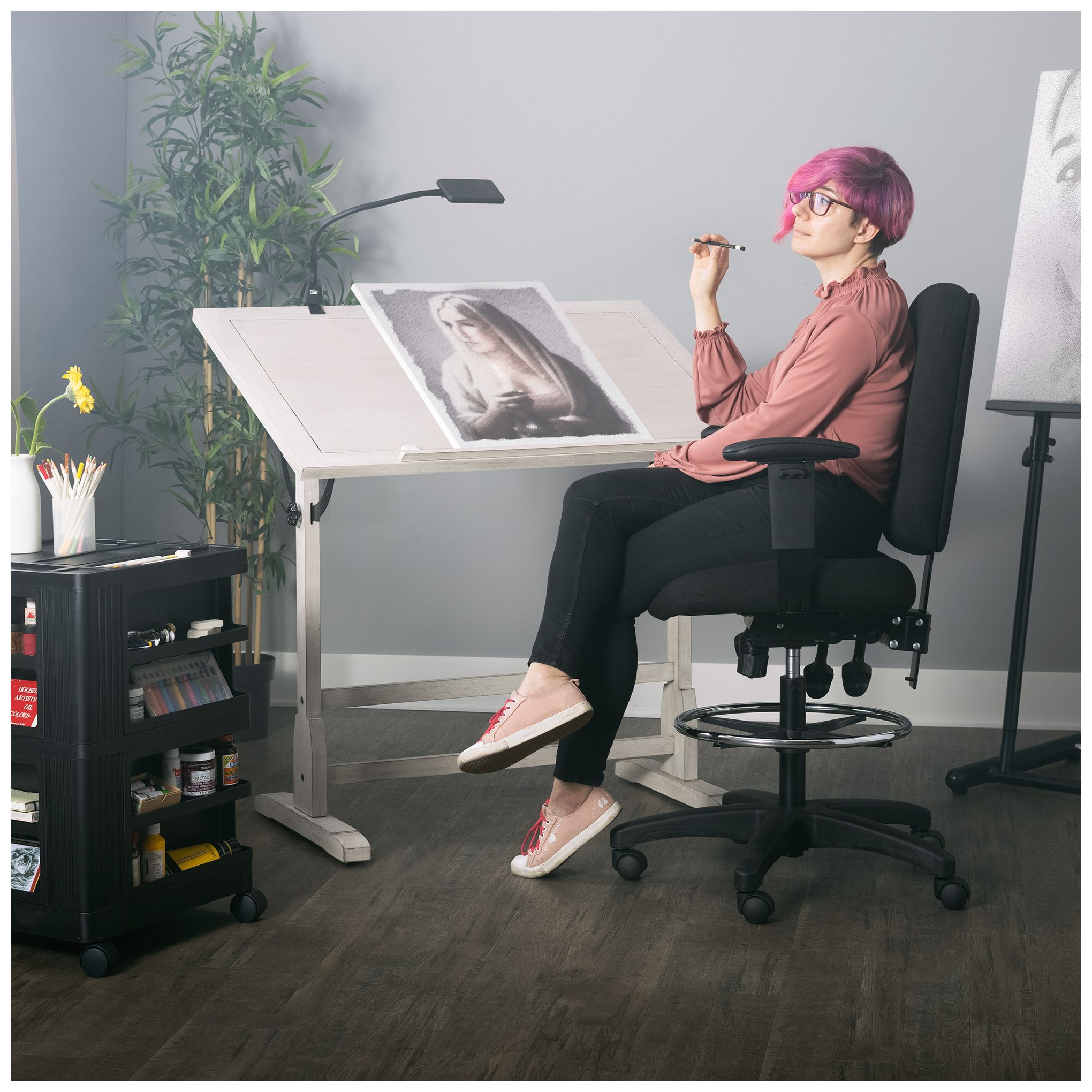 Studio Designs Vintage Wood Table with 42" x 30"  Adjustable Top-White