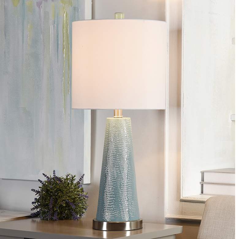 Image 1 Stylecraft 24.5 inch High Coastal Blue Textured Ceramic Table Lamp