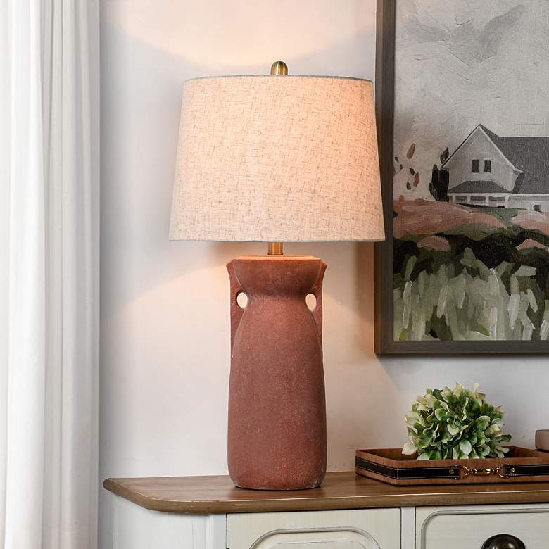 Image 1 StyleCraft 30"H Terracotta Brushed Brass Table Lamp w/ Oatmeal Shade