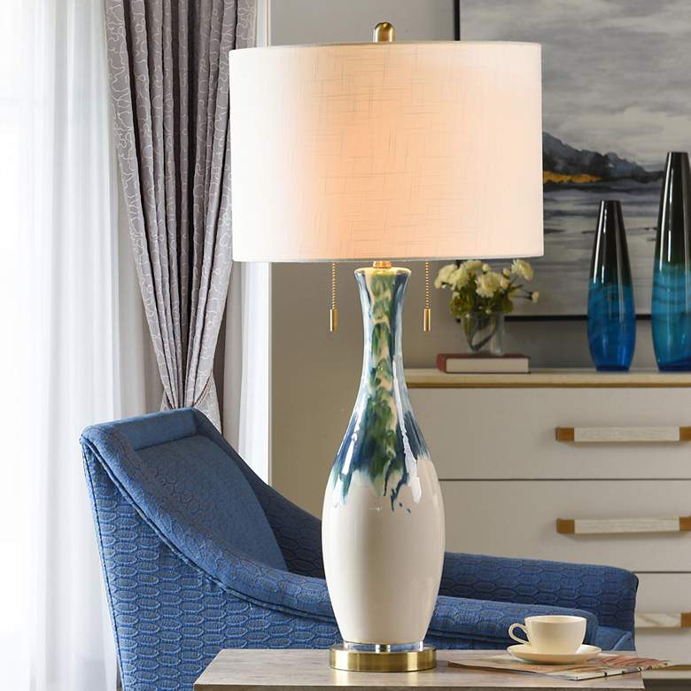 Image 1 StyleCraft 35.5" High Ceramic Wave Table Lamp With White Shade