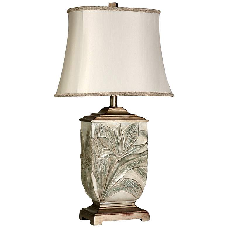 Image 1 Stylecraft Bellevue Raised Leaf with White Ivory Fabric Shade Table Lamp