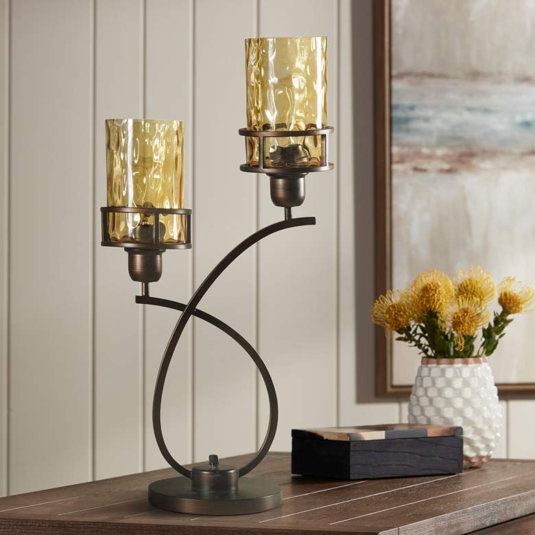 Image 1 Stylecraft Consuela 26" Bronze and Amber Glass Uplight Table Lamp