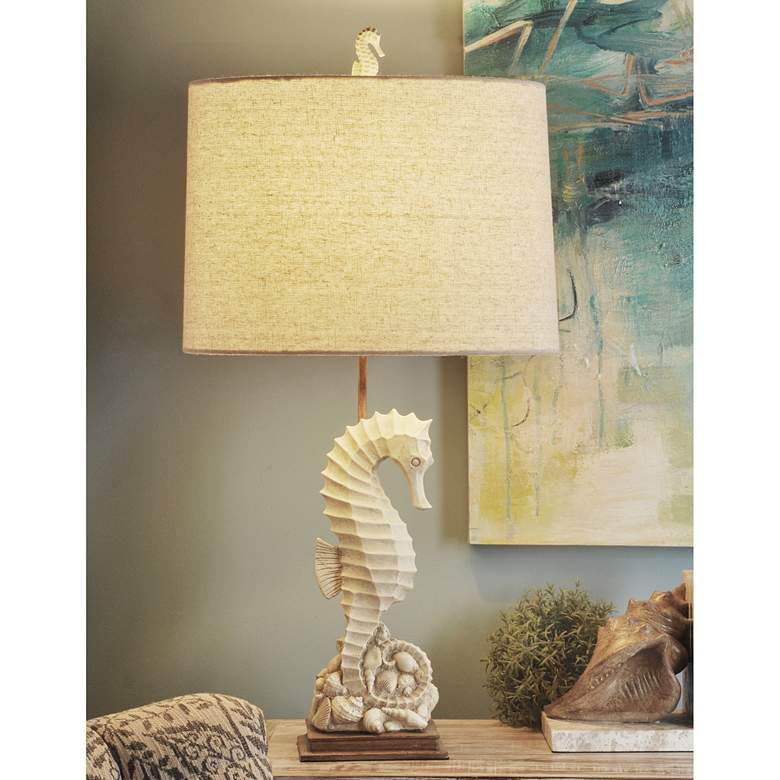Image 1 Stylecraft Faux Stone and Oatmeal Shade Coastal Style Seahorse Table Lamp